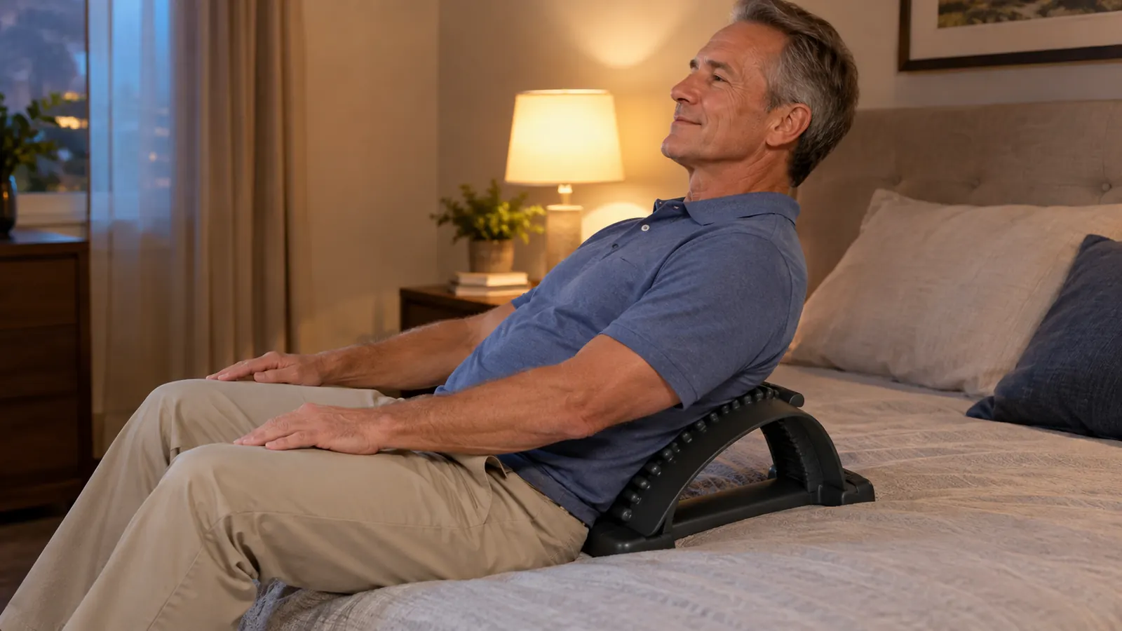An older man seated on the edge of a bed leaning back over a back stretcher, evening light