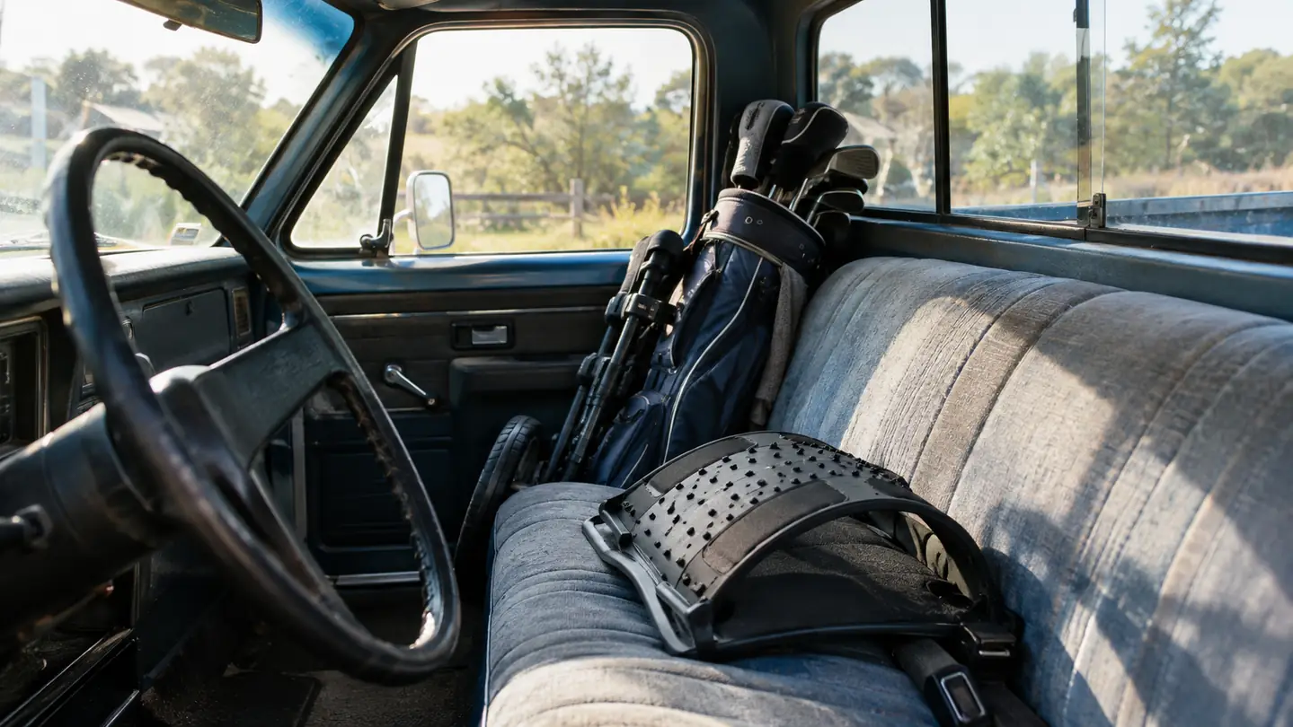 A back stretcher on the bench seat of a pickup truck beside a golf bag
