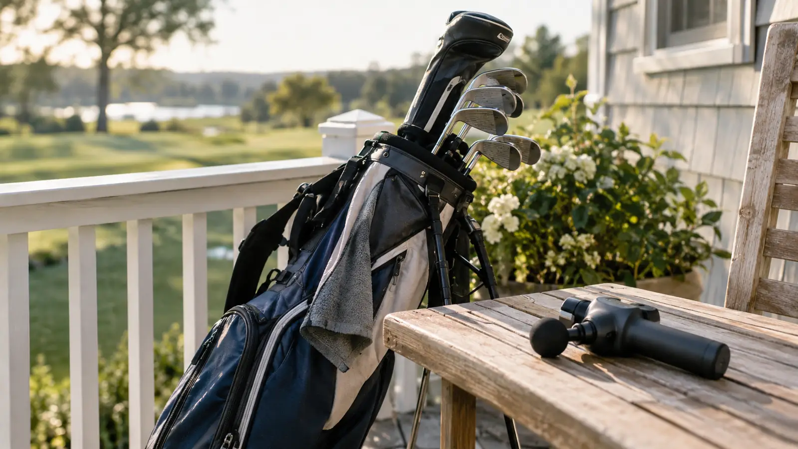 A massage gun resting on a wooden bench beside a golf bag on a porch in the morning