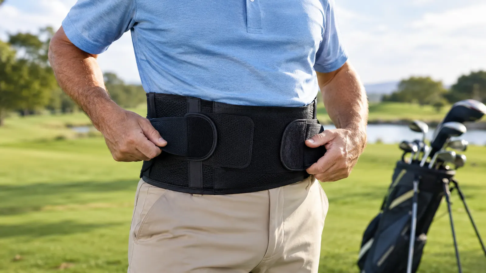 A golfer's hands adjusting a lumbar support brace over a polo shirt before a practice swing