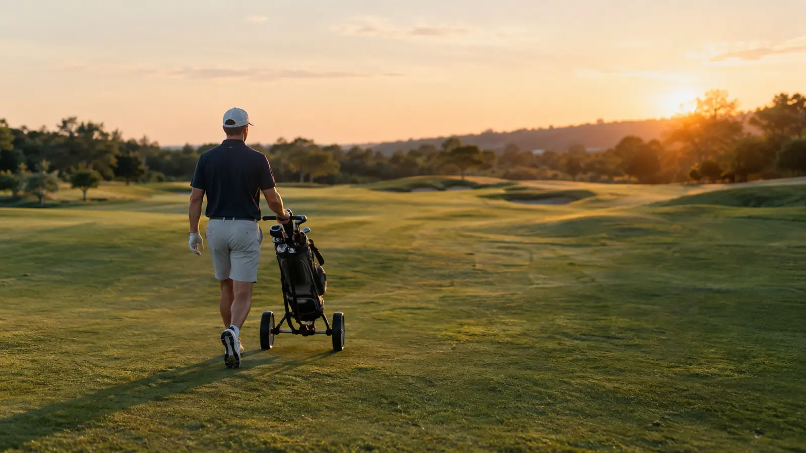 A golfer walking a fairway with a push cart in late afternoon light