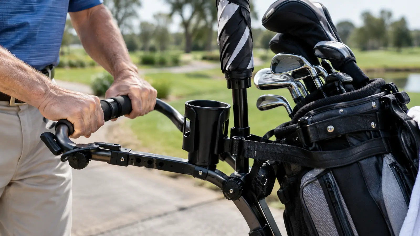 A golfer's hands on the handle of a three-wheel push cart, with a golf bag and umbrella attached