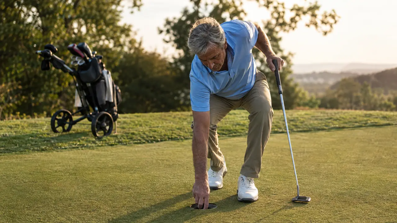 A golfer bending to pick up a golf ball from the cup on a green, with a push cart waiting on the fringe