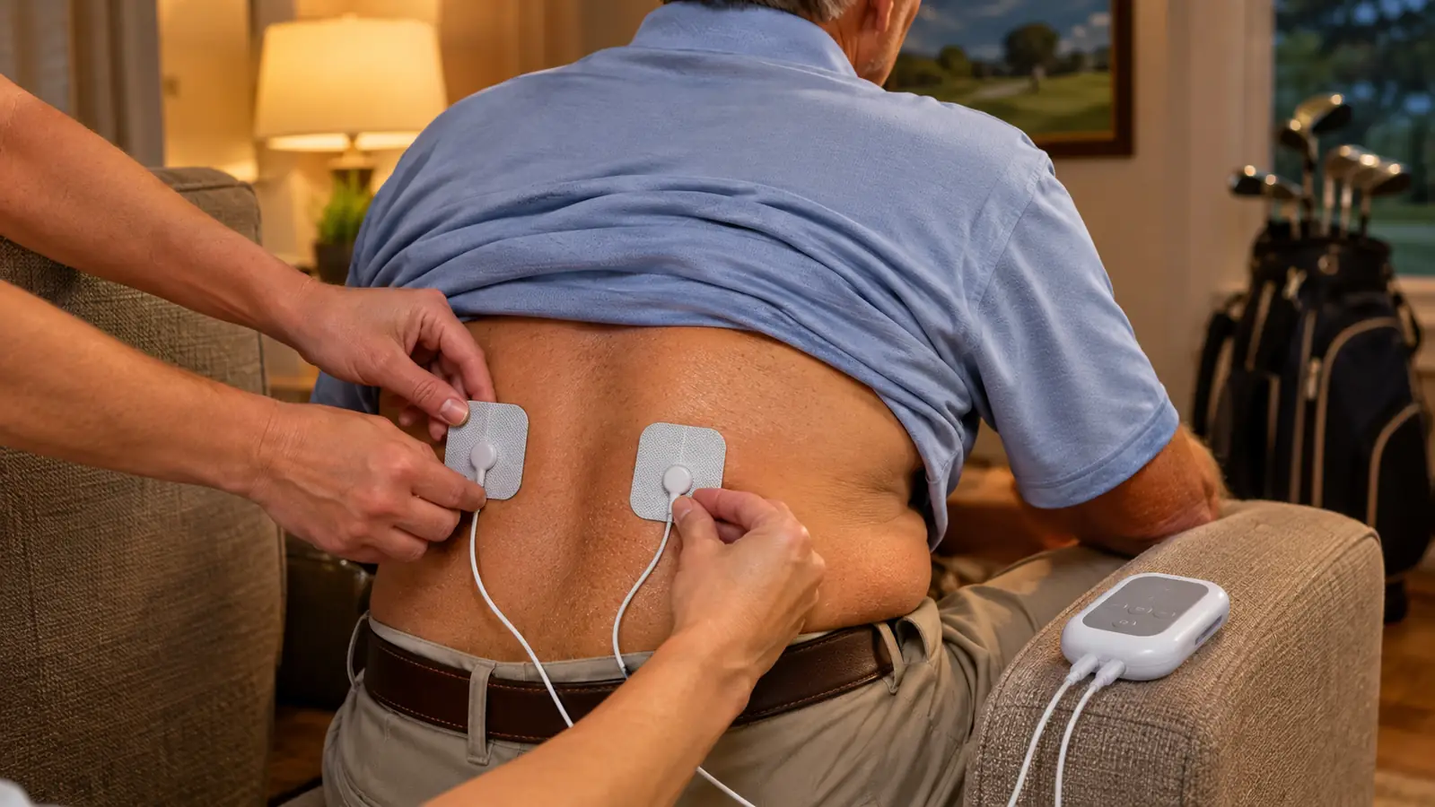 Hands placing electrode pads on a seated man's lower back while the small unit rests on the chair arm.