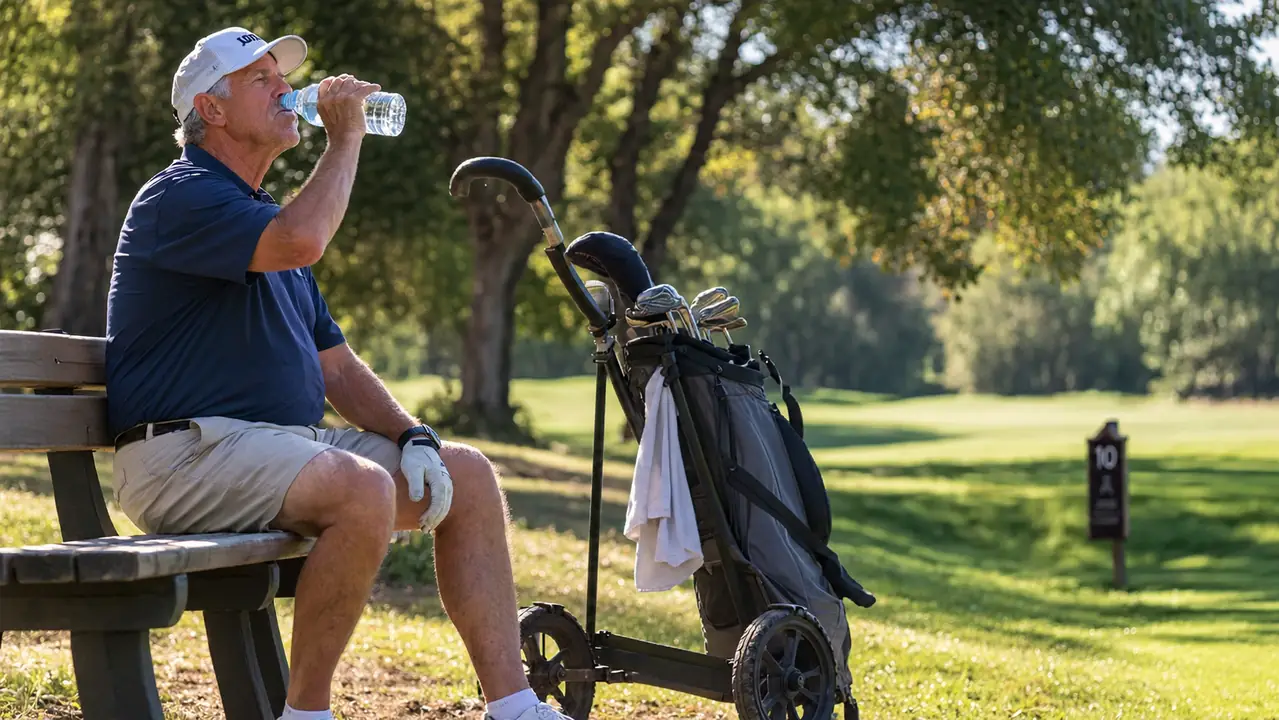 A golfer sitting on a tee-side bench with his push cart beside him.