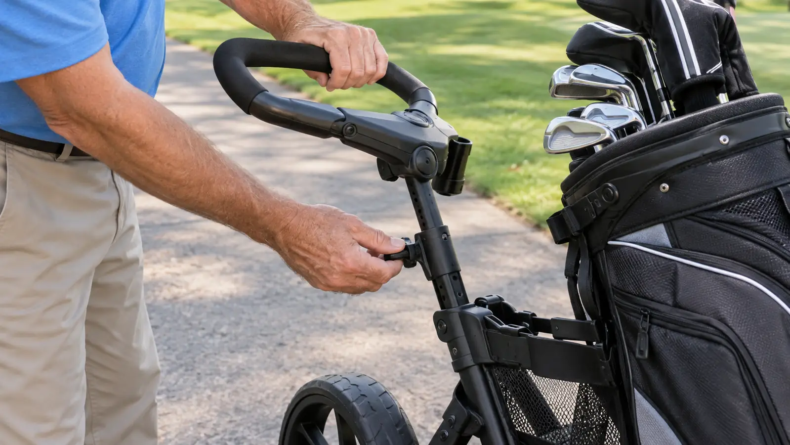 A golfer's hands adjusting the handle height on a folded three-wheeled push cart beside a golf bag
