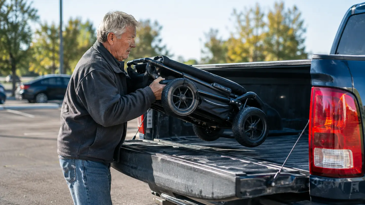 A golfer lifting a folded push cart into the bed of an older pickup truck