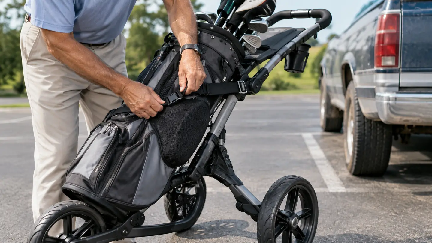 A golfer's hands cinching the strap that holds a golf bag onto a folded three-wheel push cart in a parking lot beside an older pickup truck