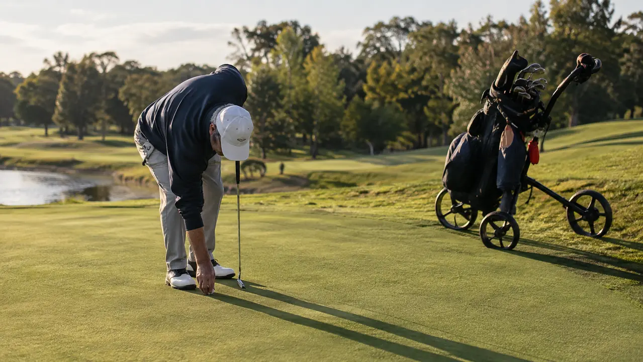 A golfer bending to mark a ball on a green while a three-wheel push cart sits parked on the sidehill with its foot brake engaged, late afternoon light