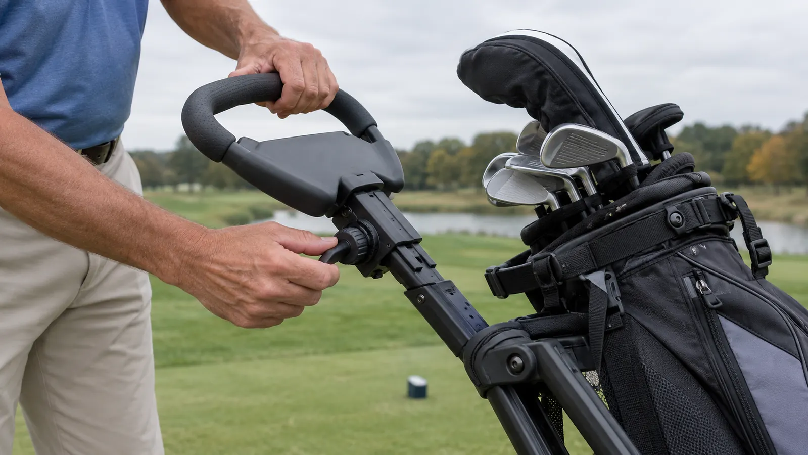A golfer's hand adjusting the handle height on a three-wheel push cart beside a golf bag on a tee box