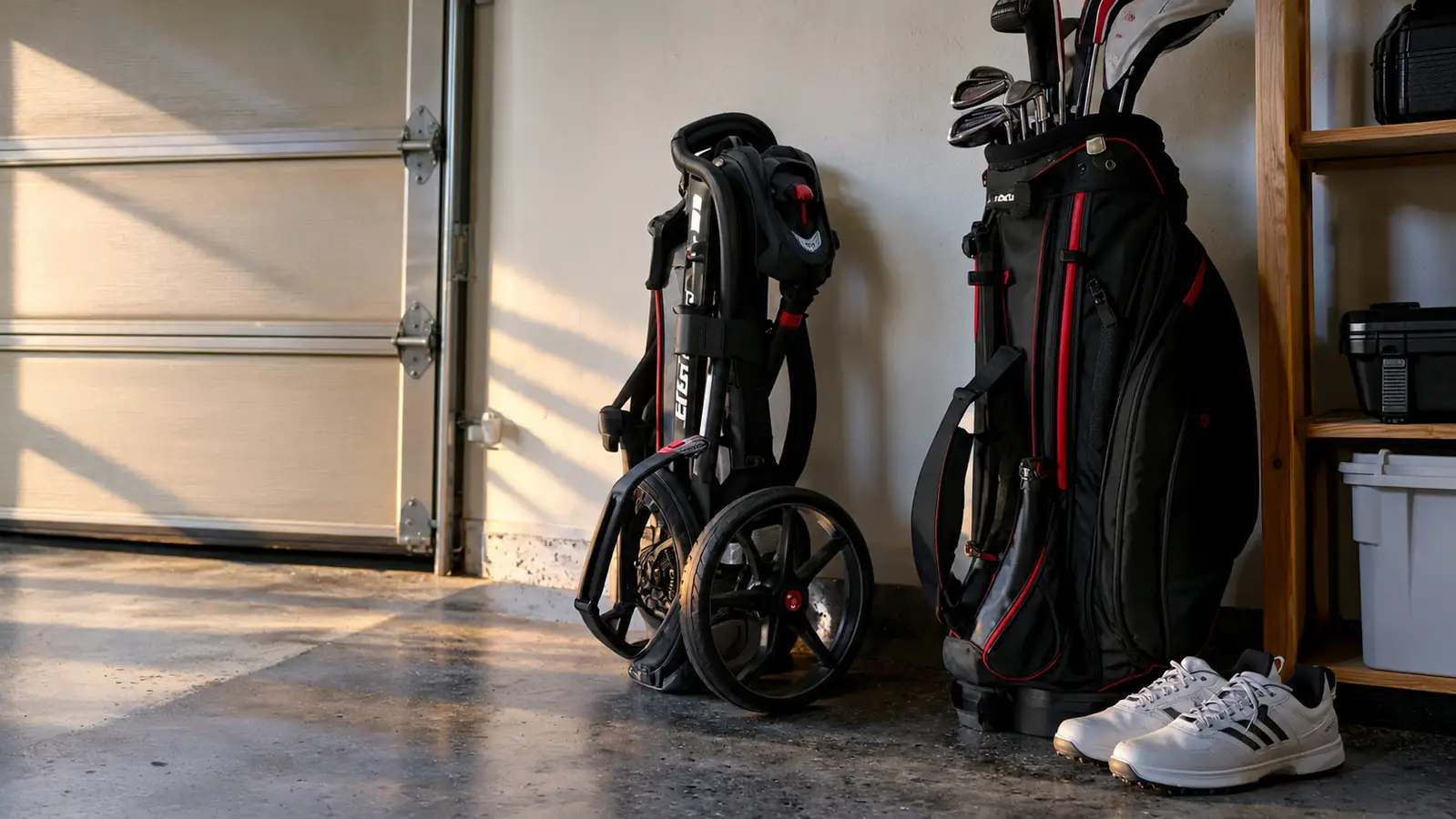 A three-wheel push cart folded flat on a garage floor next to a golf bag and a pair of golf shoes