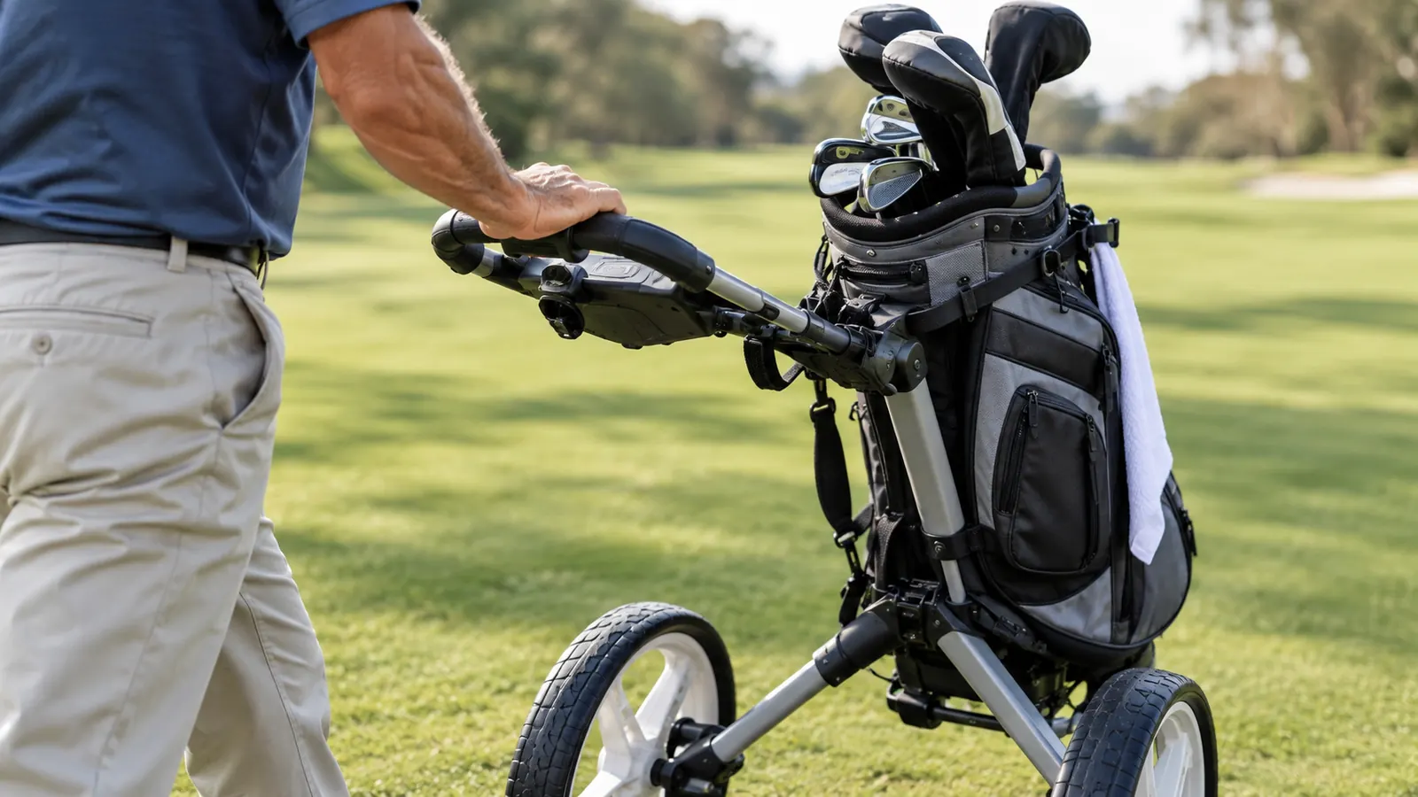 A golfer's hand resting on the handle of a three-wheel push cart on a fairway
