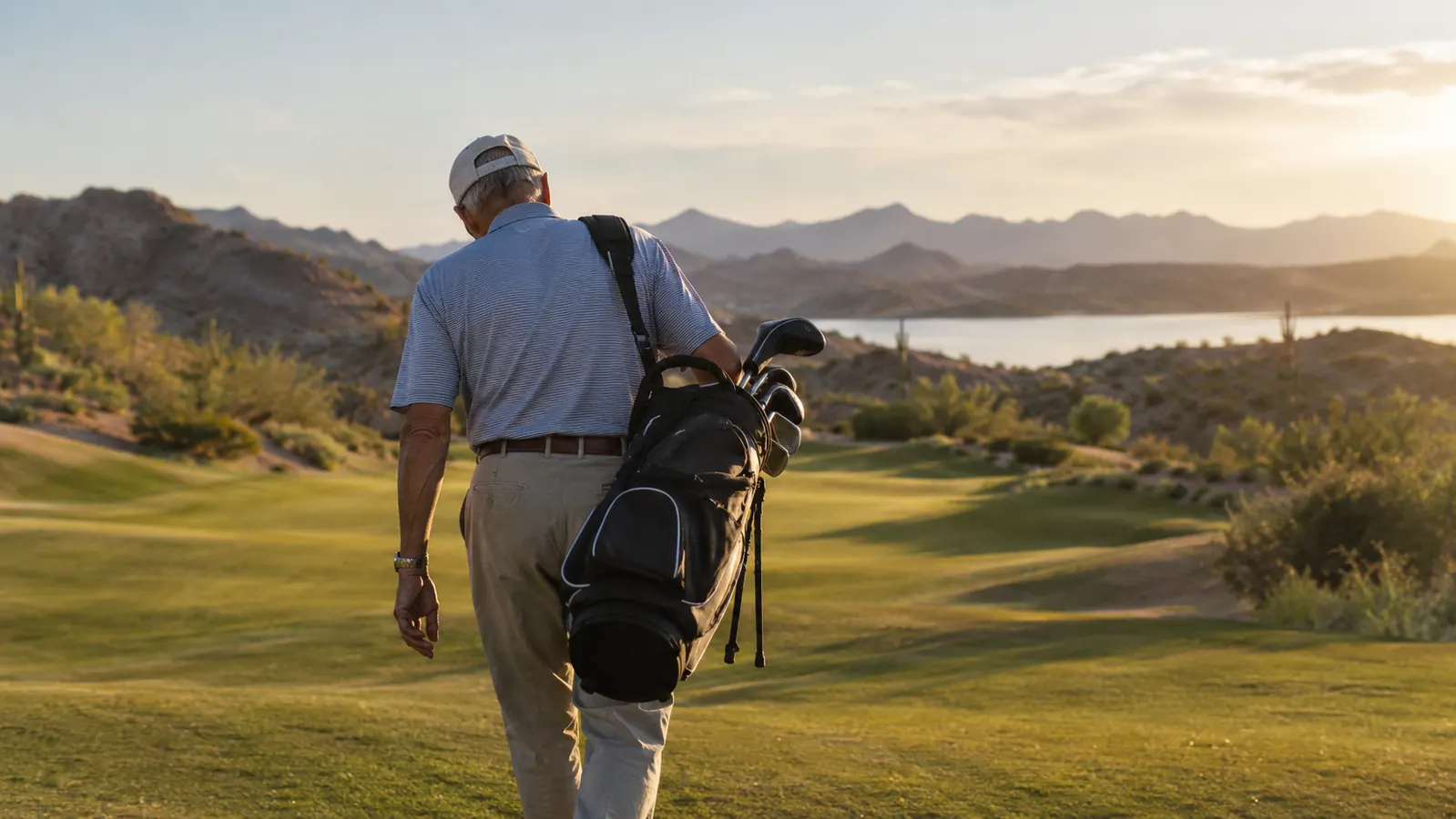An older golfer carrying a golf bag over one shoulder on a hilly fairway