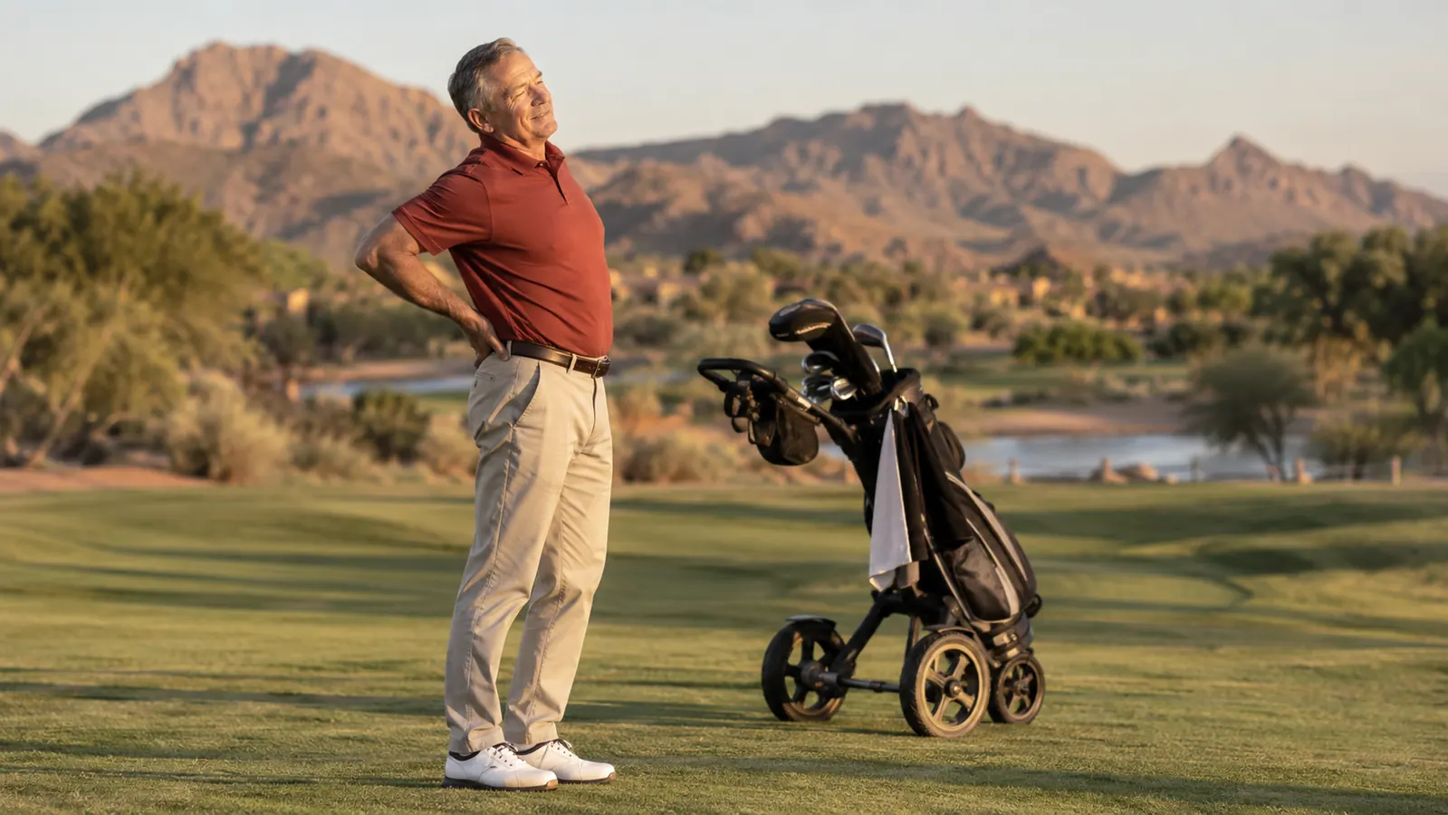 An older golfer stretching his lower back beside a push cart on a sunny fairway