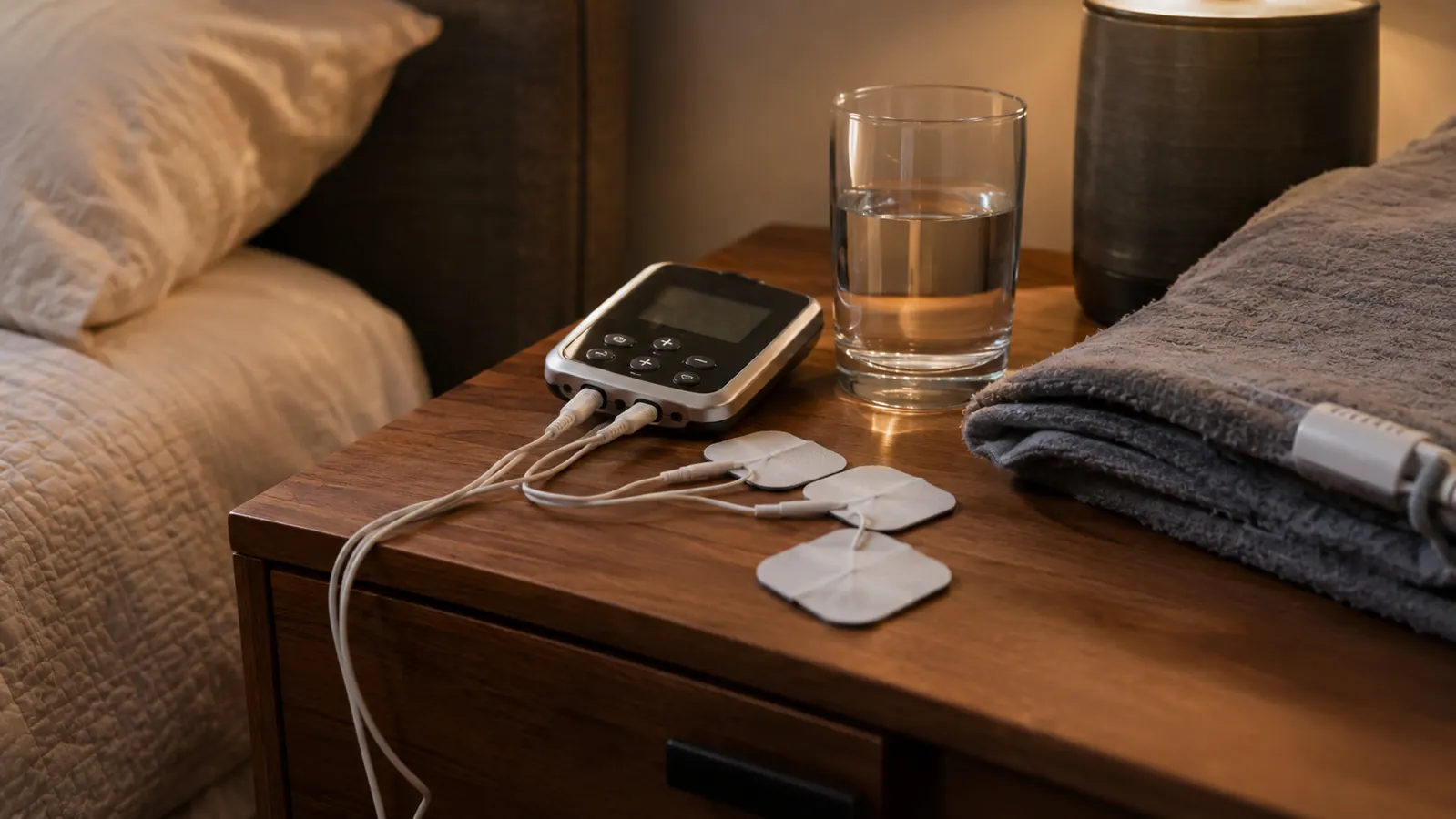 A TENS 7000 unit on a nightstand next to a heating pad and a glass of water