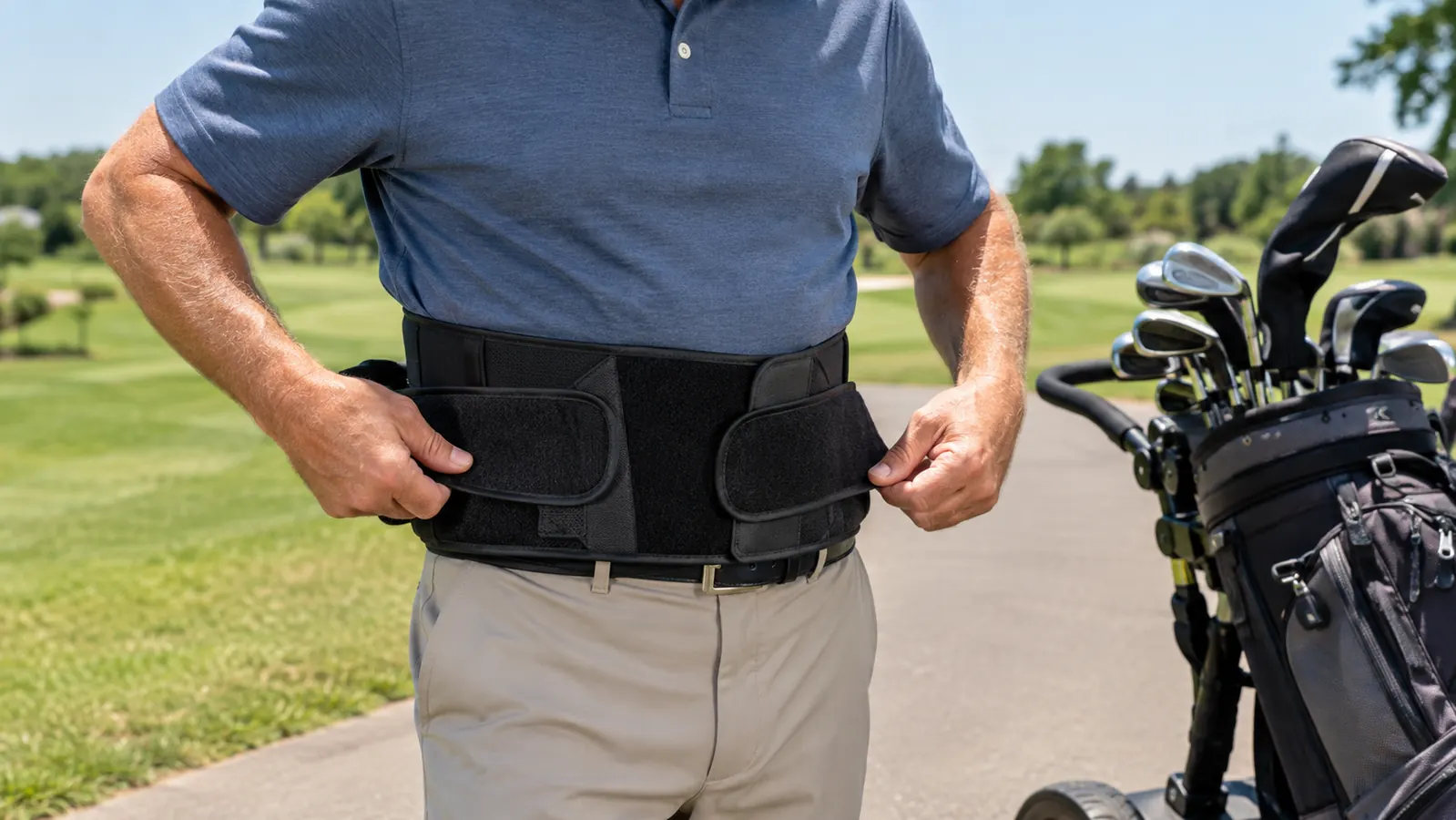 A golfer's hands adjusting a lumbar support brace over a polo shirt before a round