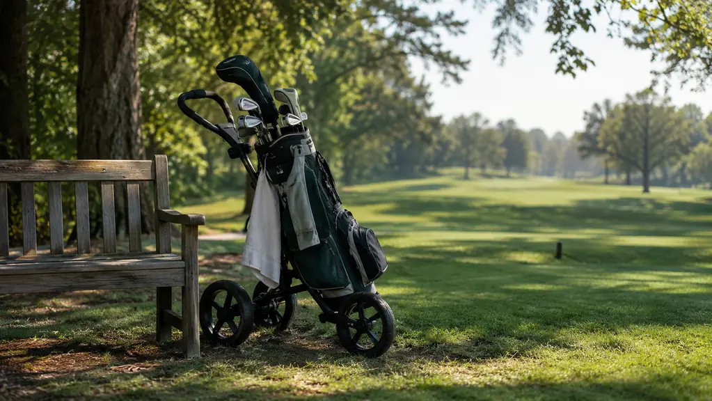 A golf bag leaning against a push cart beside a bench on a shaded tee box