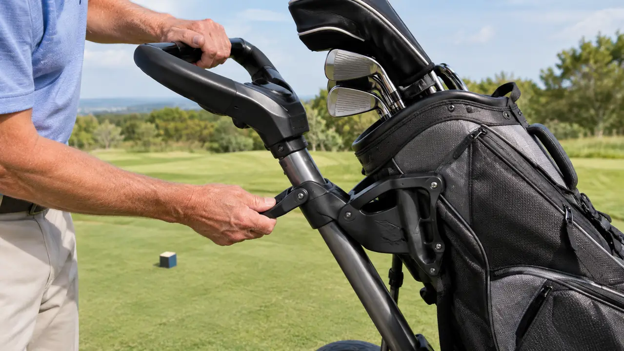 A golfer's hands adjusting the handle height lever on a three-wheel push cart beside a golf bag on a tee box