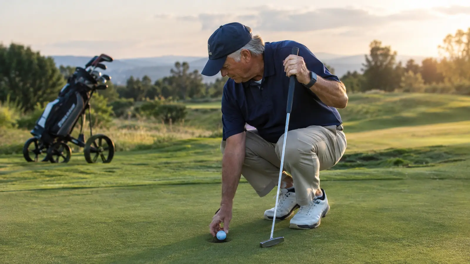 An older golfer bending at the knees with a straight back to pick up a golf ball from the cup, with a push cart waiting on the fringe