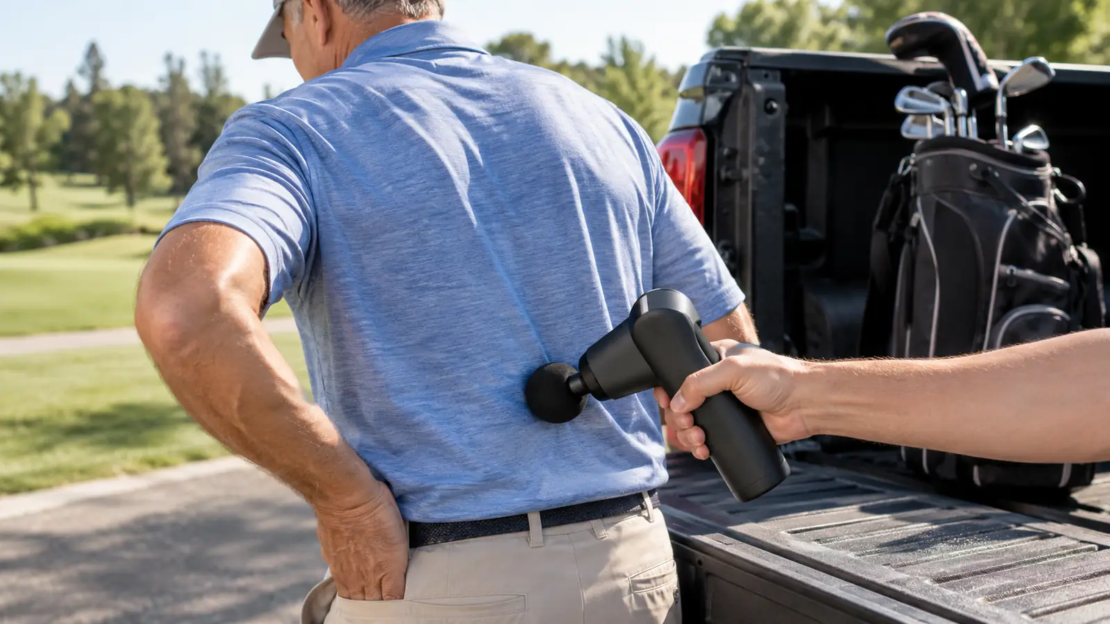 Close view of a hand holding the massage gun against the lower back of a man in a golf shirt standing beside a pickup truck