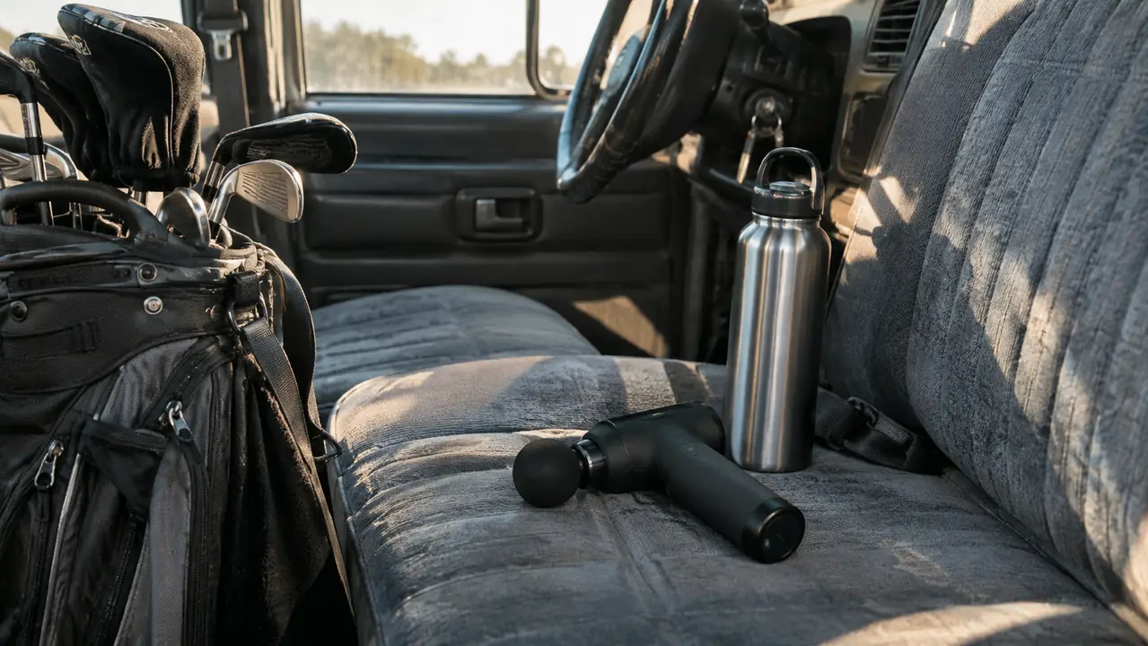 A pickup truck seat with a golf bag, a water bottle, and a handheld massage gun resting on the seat cushion