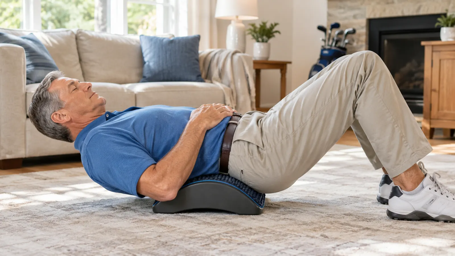 An older man lying on his living room floor with a back stretcher positioned under his lower back, knees bent, feet flat.