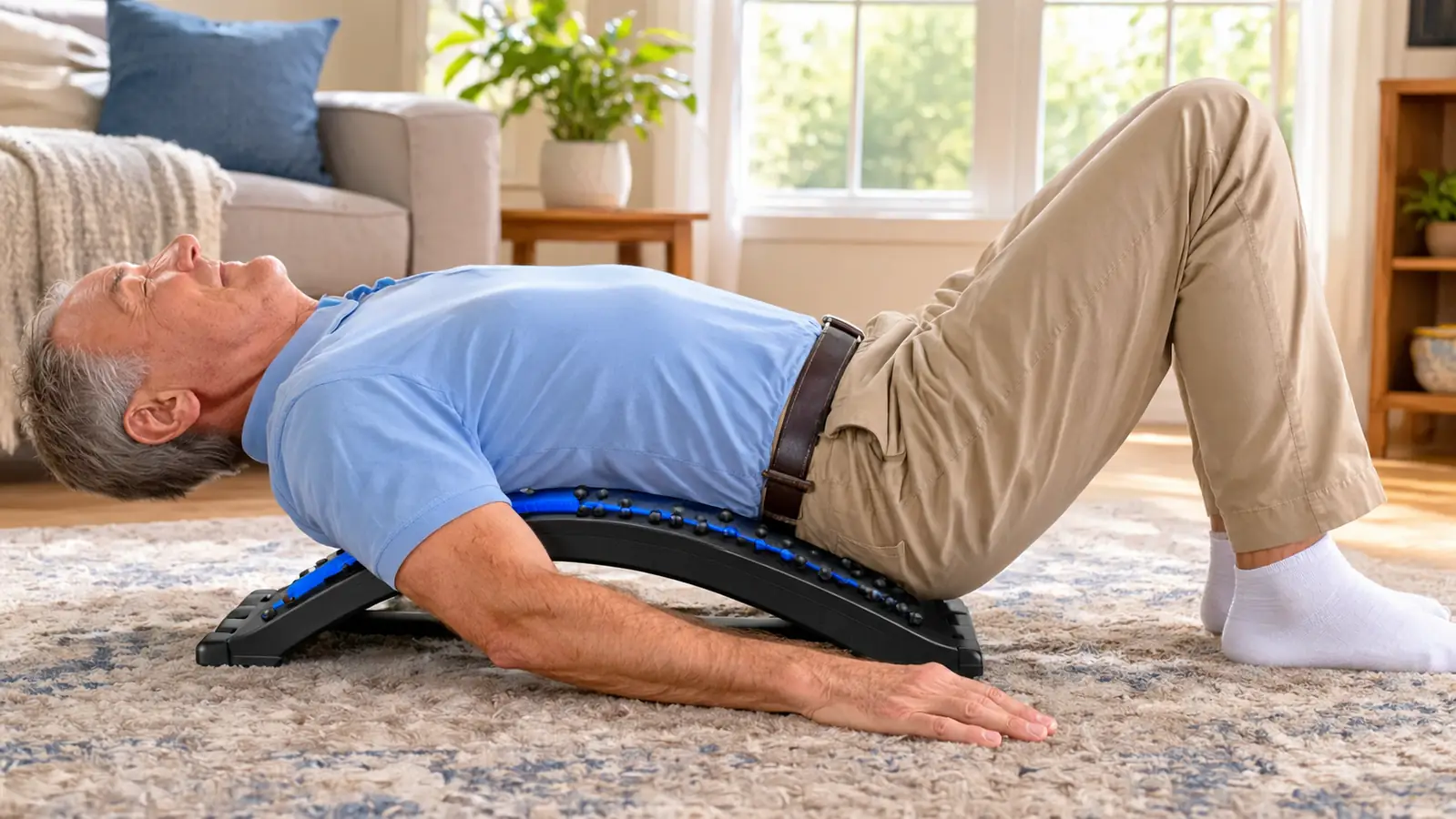 An older man lying on a back stretcher on the living room floor in the morning.