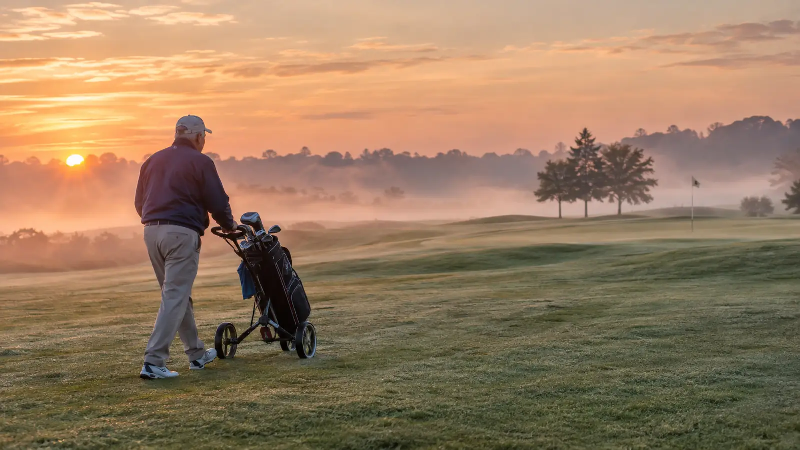 An older golfer walking a fairway with a push cart in the early morning.