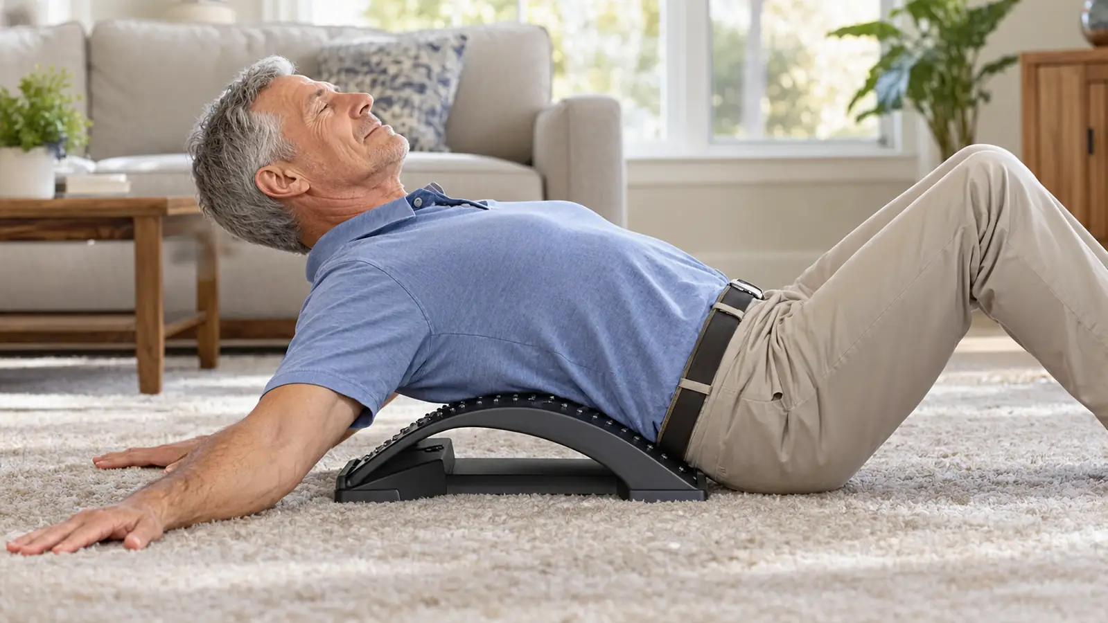 A person lies on a carpet in a living room with a back stretcher under their lower back, seen from the side