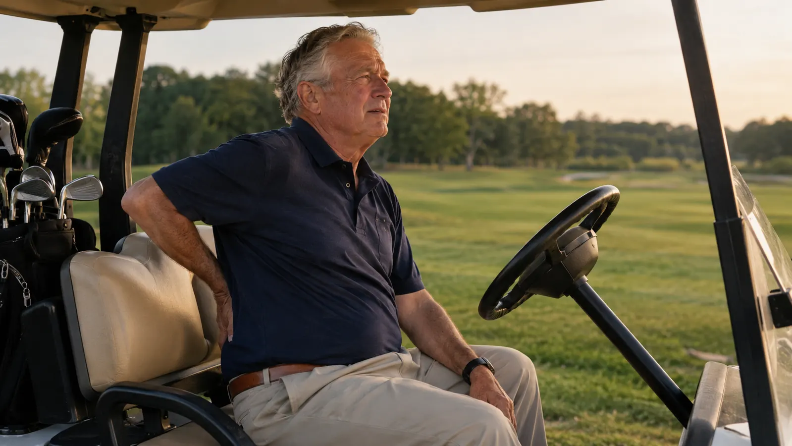An older man sits in a golf cart on a course in late afternoon and holds his lower back