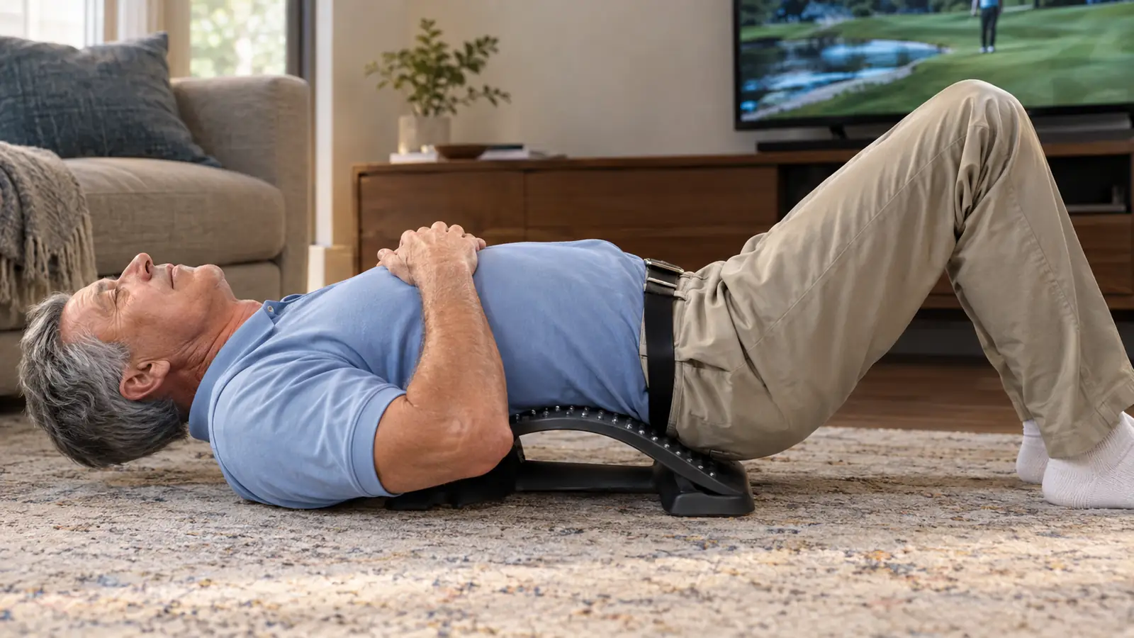 An older man lying on a back stretcher on the living room rug with his knees bent