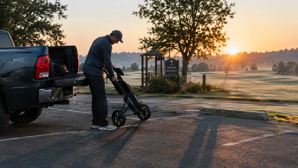An older pickup truck in a golf course parking lot at dawn with a push cart being unloaded