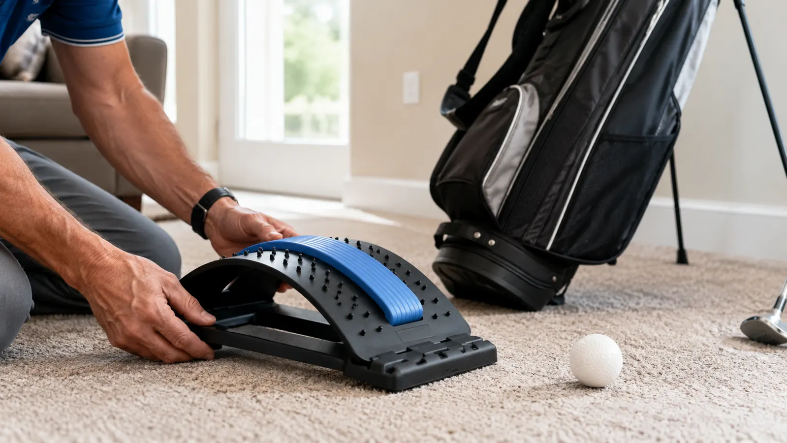 A hand placing a back stretcher on a carpeted floor next to a golf bag and a lacrosse ball