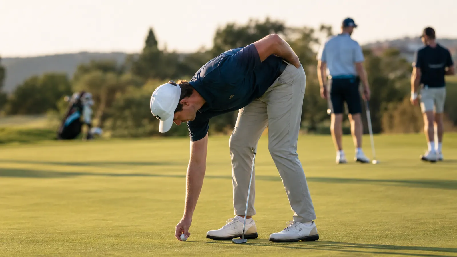 A golfer bending over to pick up a golf ball after a putt, one hand on his lower back