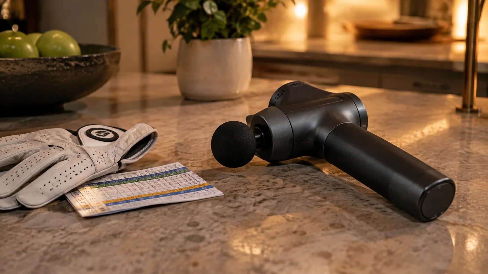 A massage gun resting on a kitchen counter next to a golf glove and a scorecard