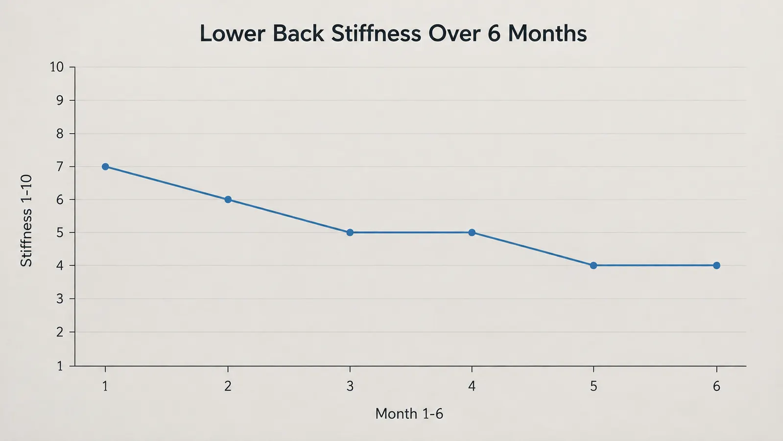 A simple line chart showing lower back stiffness trending down over six months of regular use