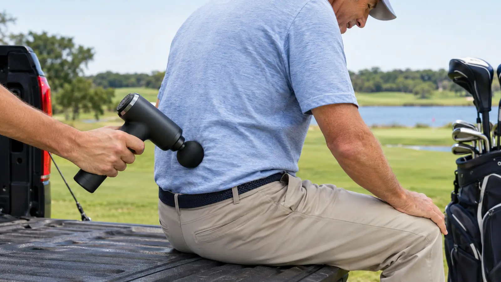 A massage gun pressed against a golfer's lower back while he sits on a tailgate