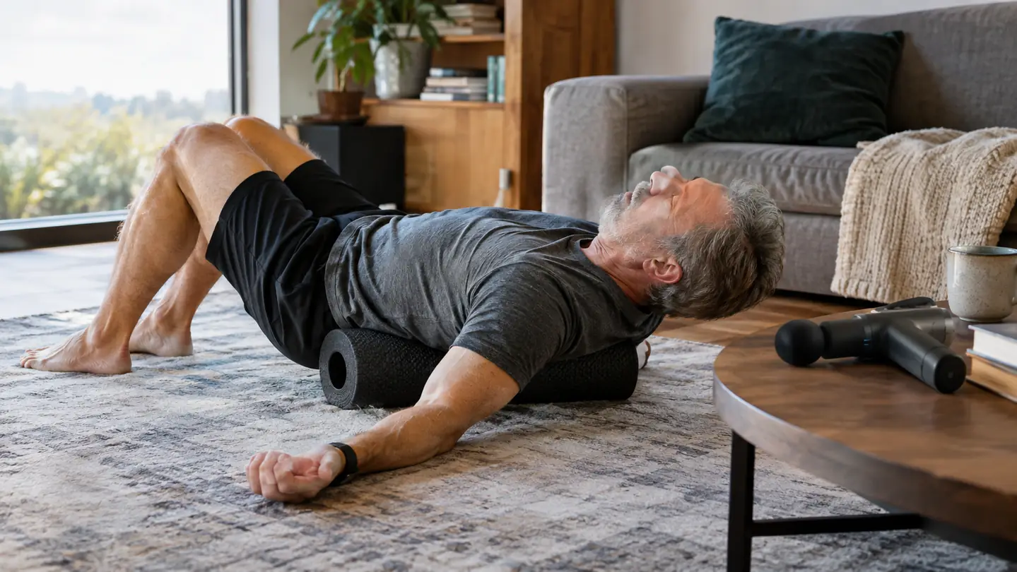 A golfer lying on a foam roller on a living room floor with eyes closed