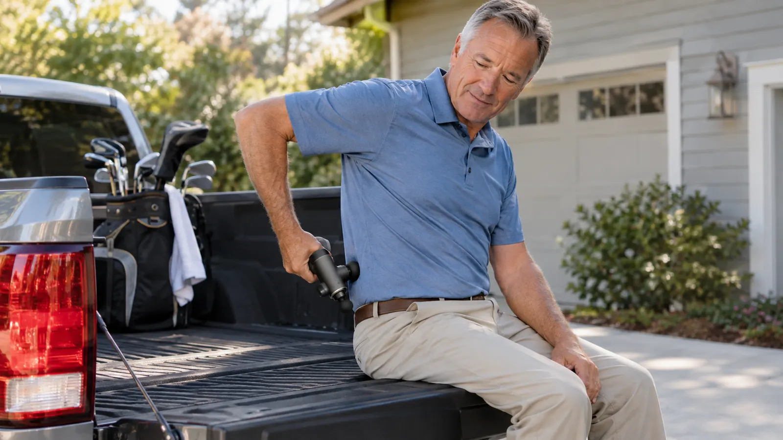 An older man uses a massage gun on his lower back while sitting on the tailgate of a pickup truck in a driveway.
