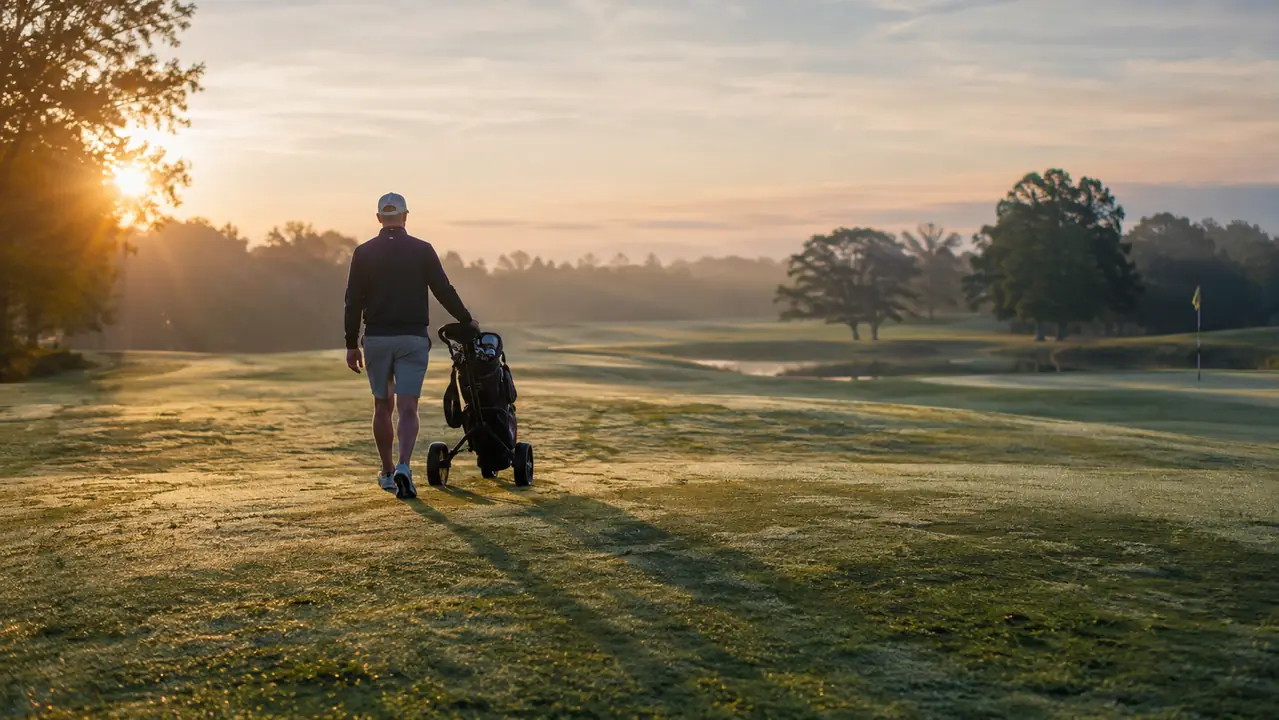 A golfer walks an empty fairway with a push cart in early morning light.