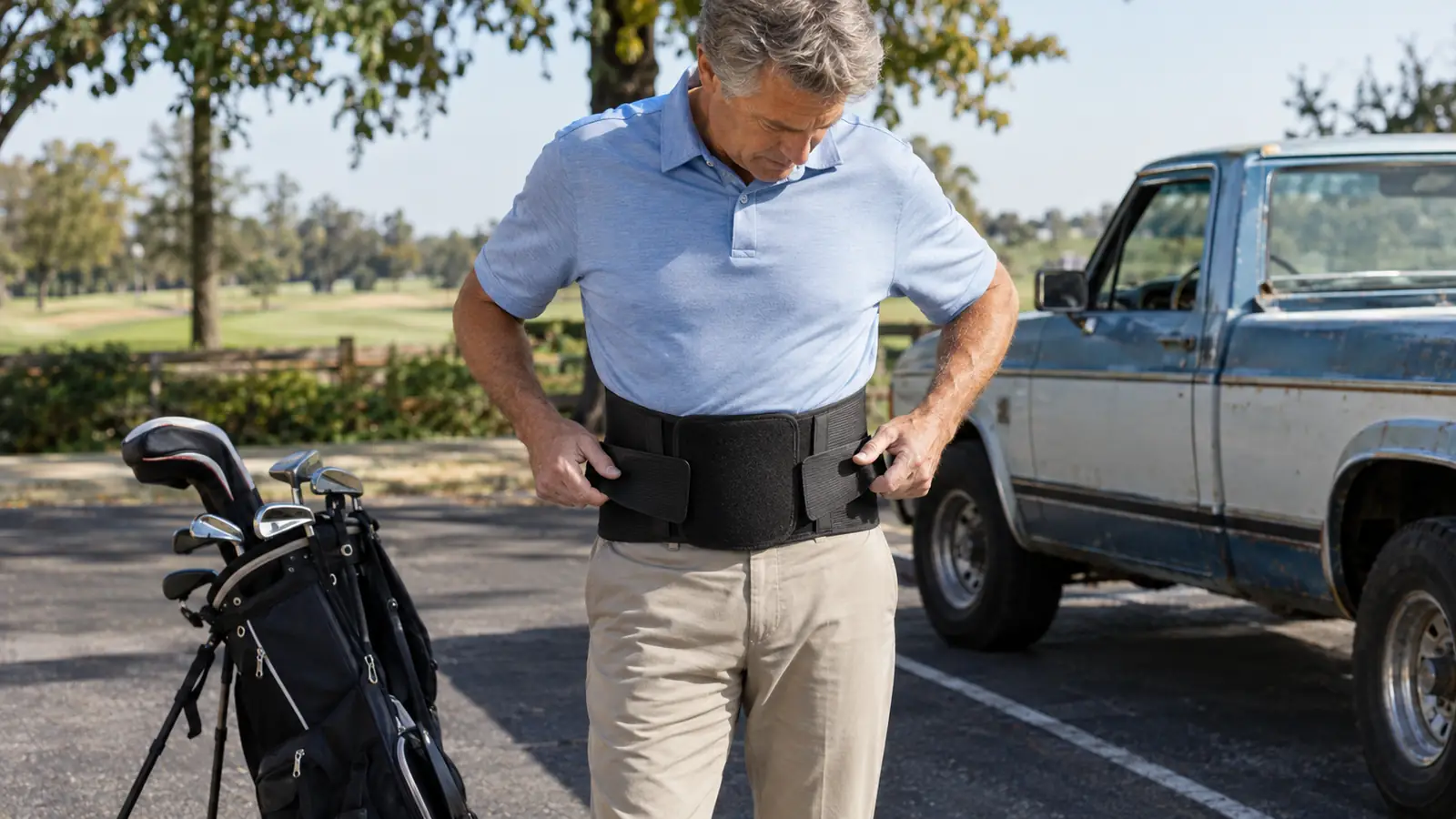 A golfer adjusting a lumbar support brace over his shirt in a parking lot before a round