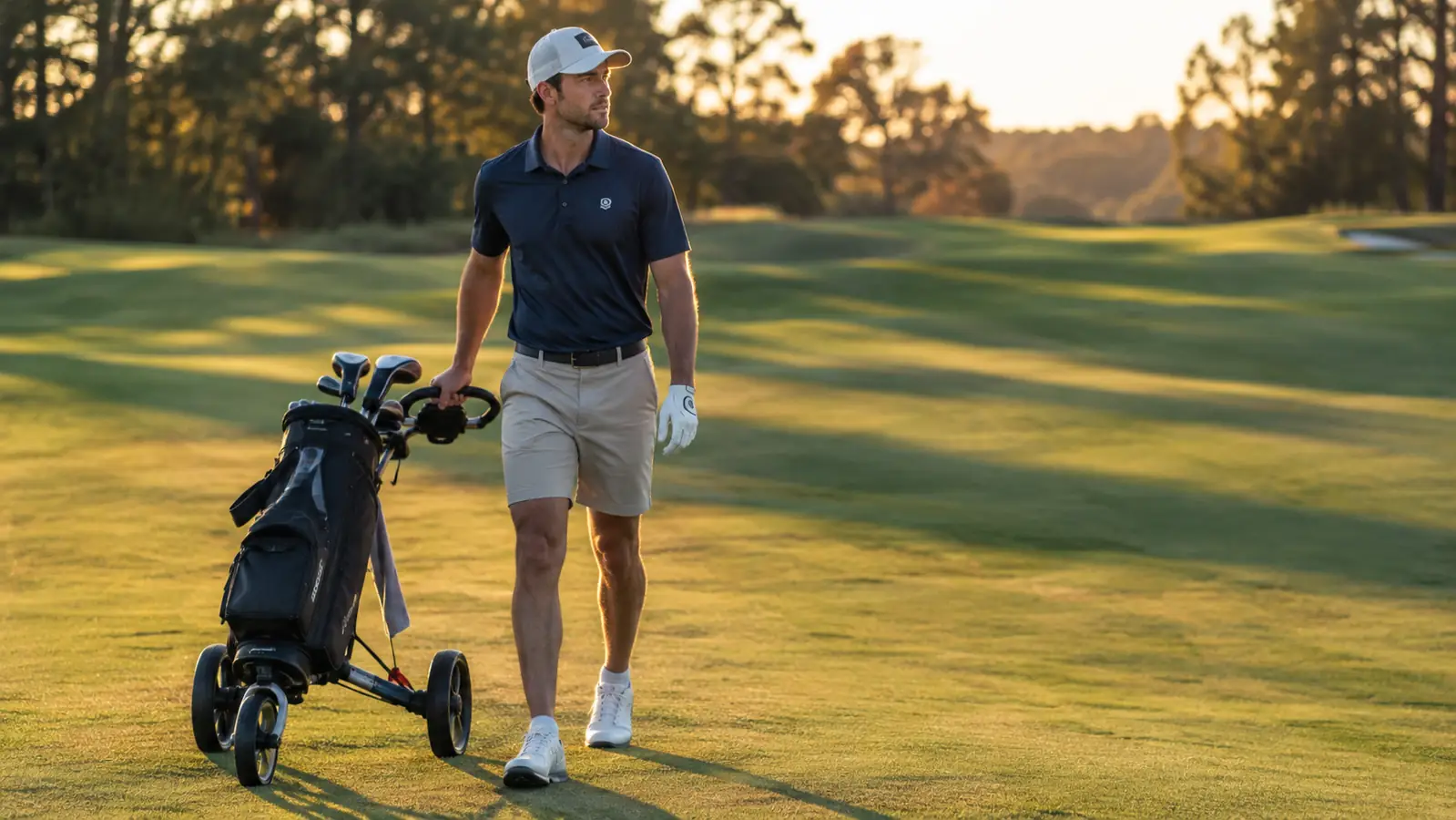 A golfer walking with a push cart on a fairway in the late afternoon