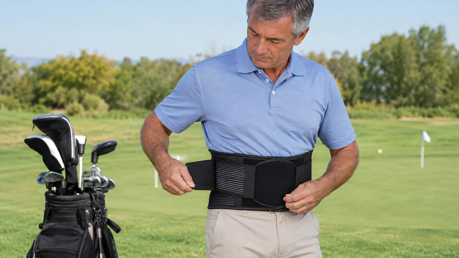 A person in a golf polo fitting a lumbar support brace around their waist over their clothing, standing beside a golf bag