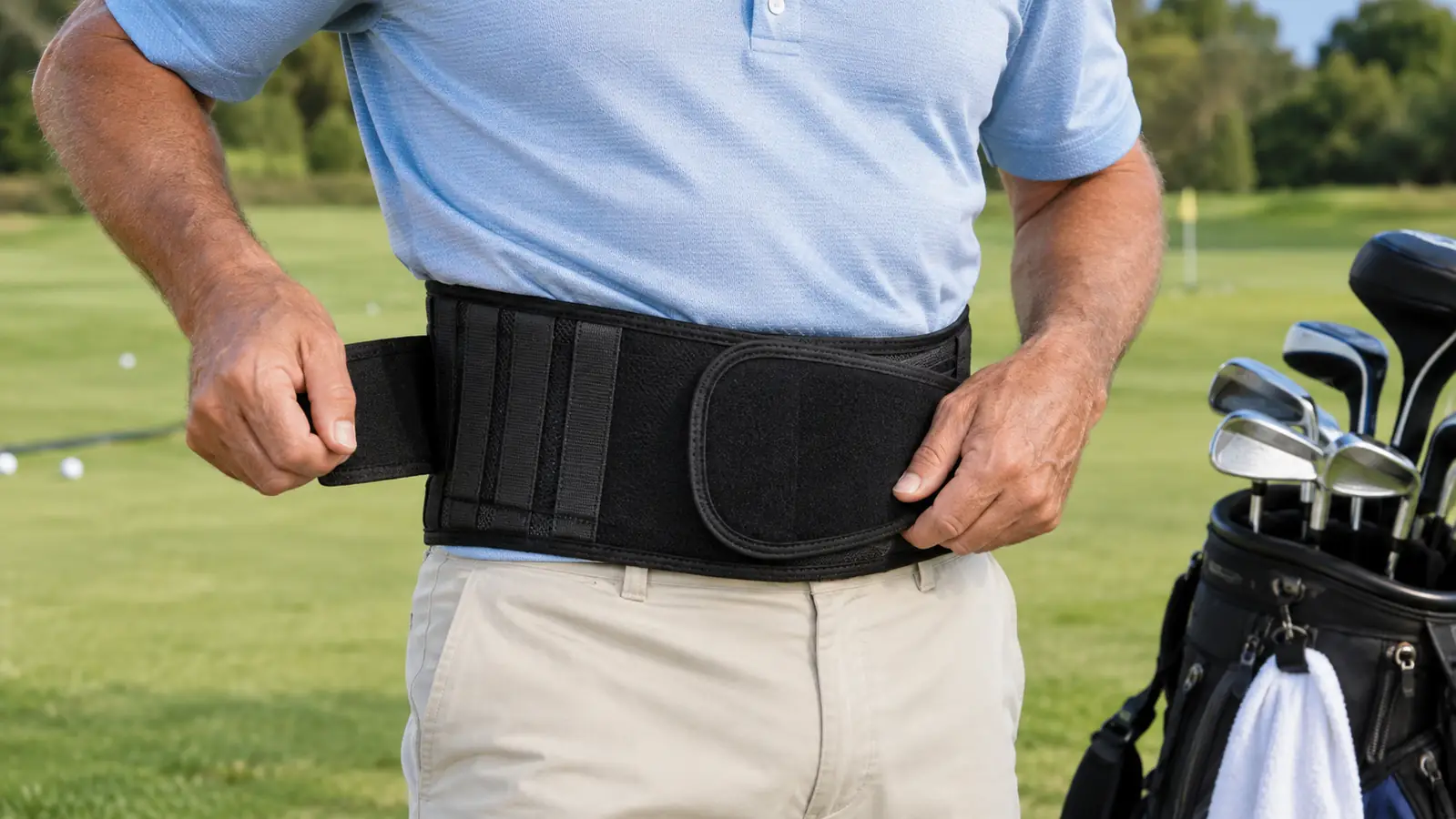 A golfer's hands adjusting a lumbar support brace over a polo shirt before a round