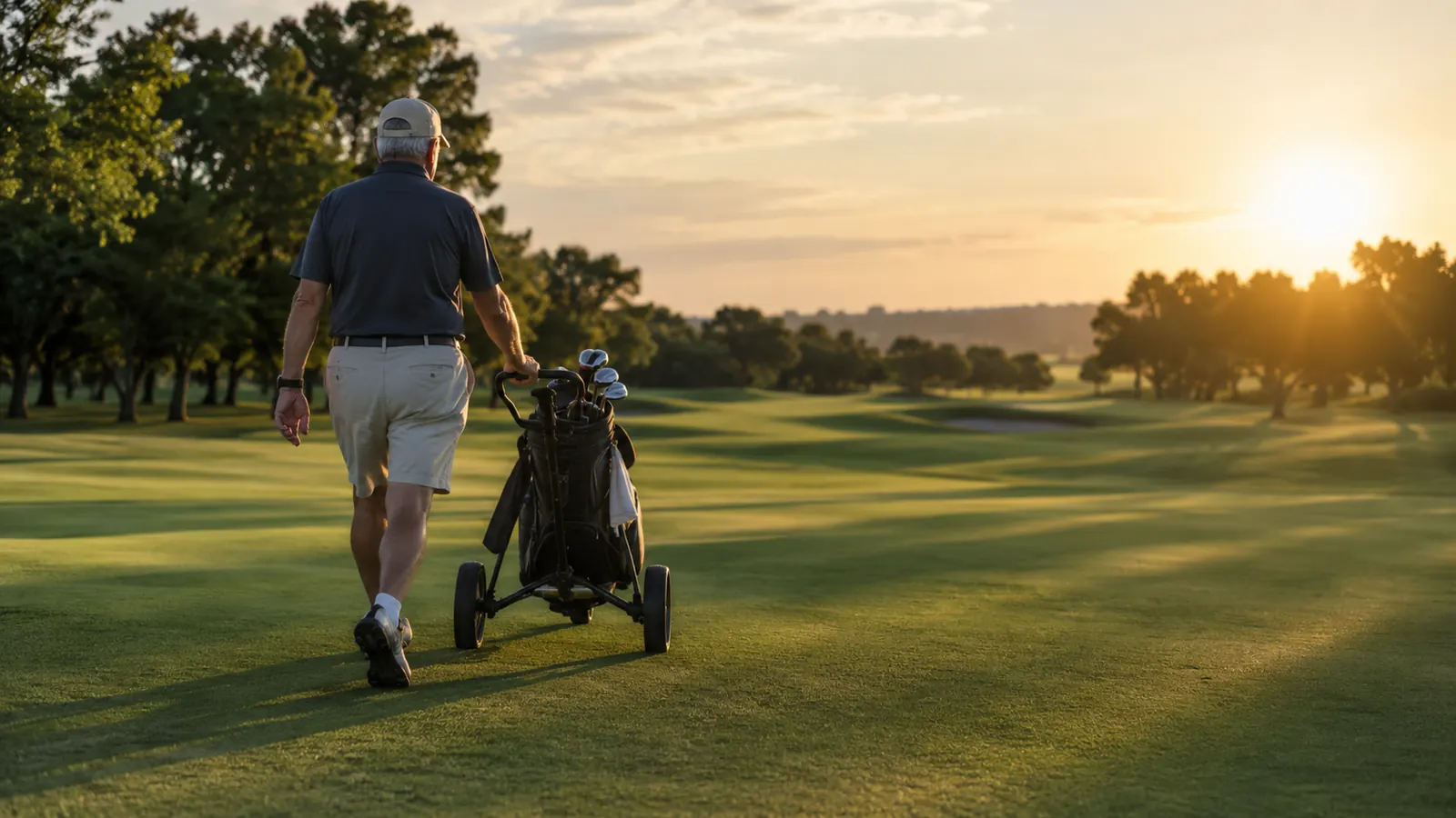 A golfer walking with a push cart down a fairway in late afternoon light