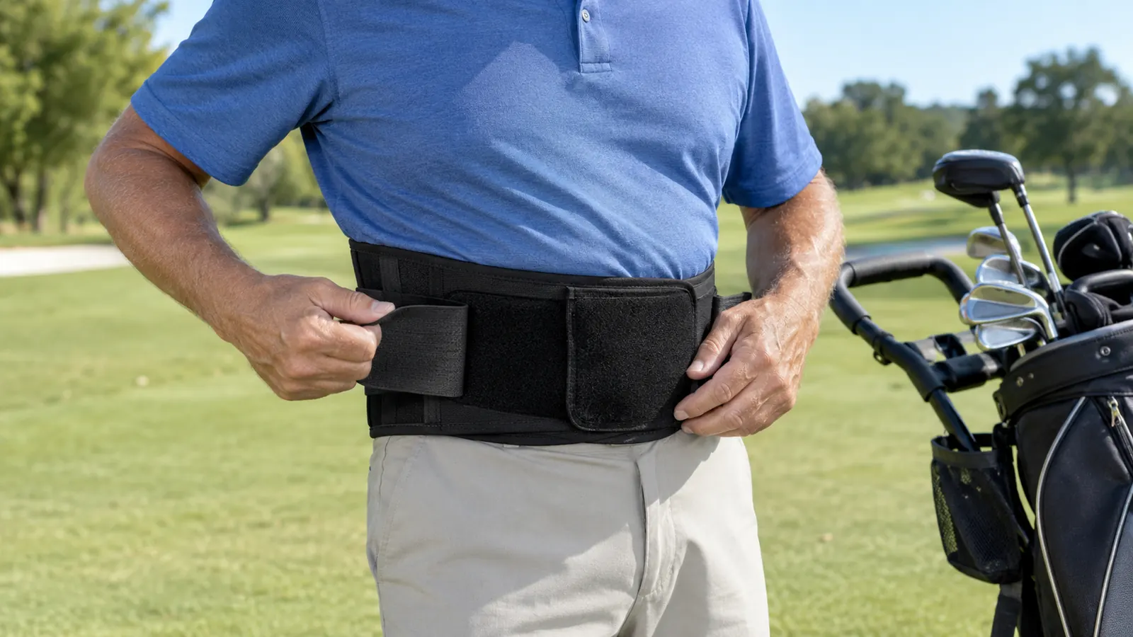 A golfer's hands adjusting a lumbar support brace over a golf shirt before a round