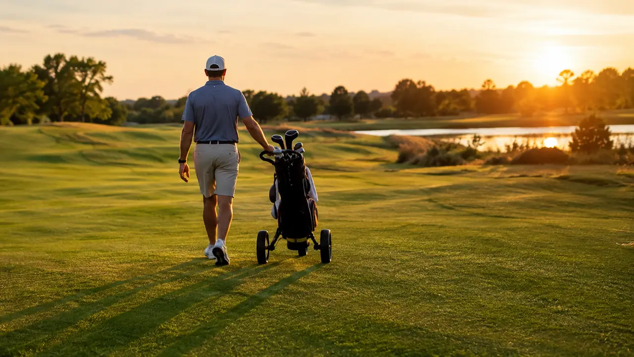 A golfer walking a fairway with a push cart in late afternoon light