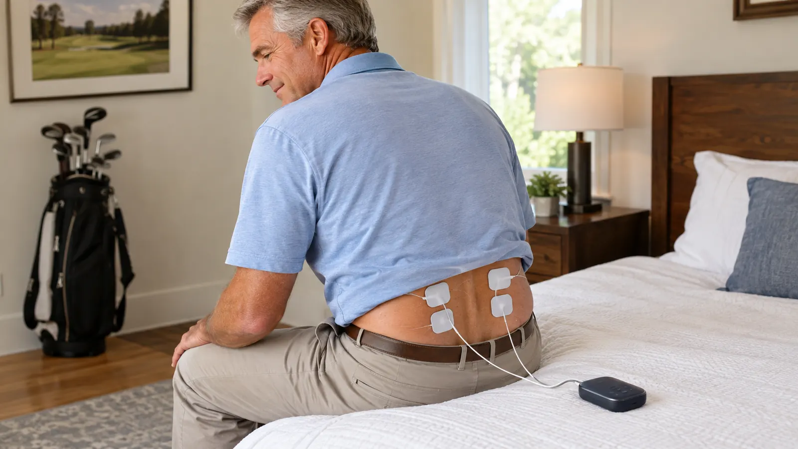 A person sitting on the edge of a bed with small electrode pads placed on the lower back, connected by thin wires to a compact device