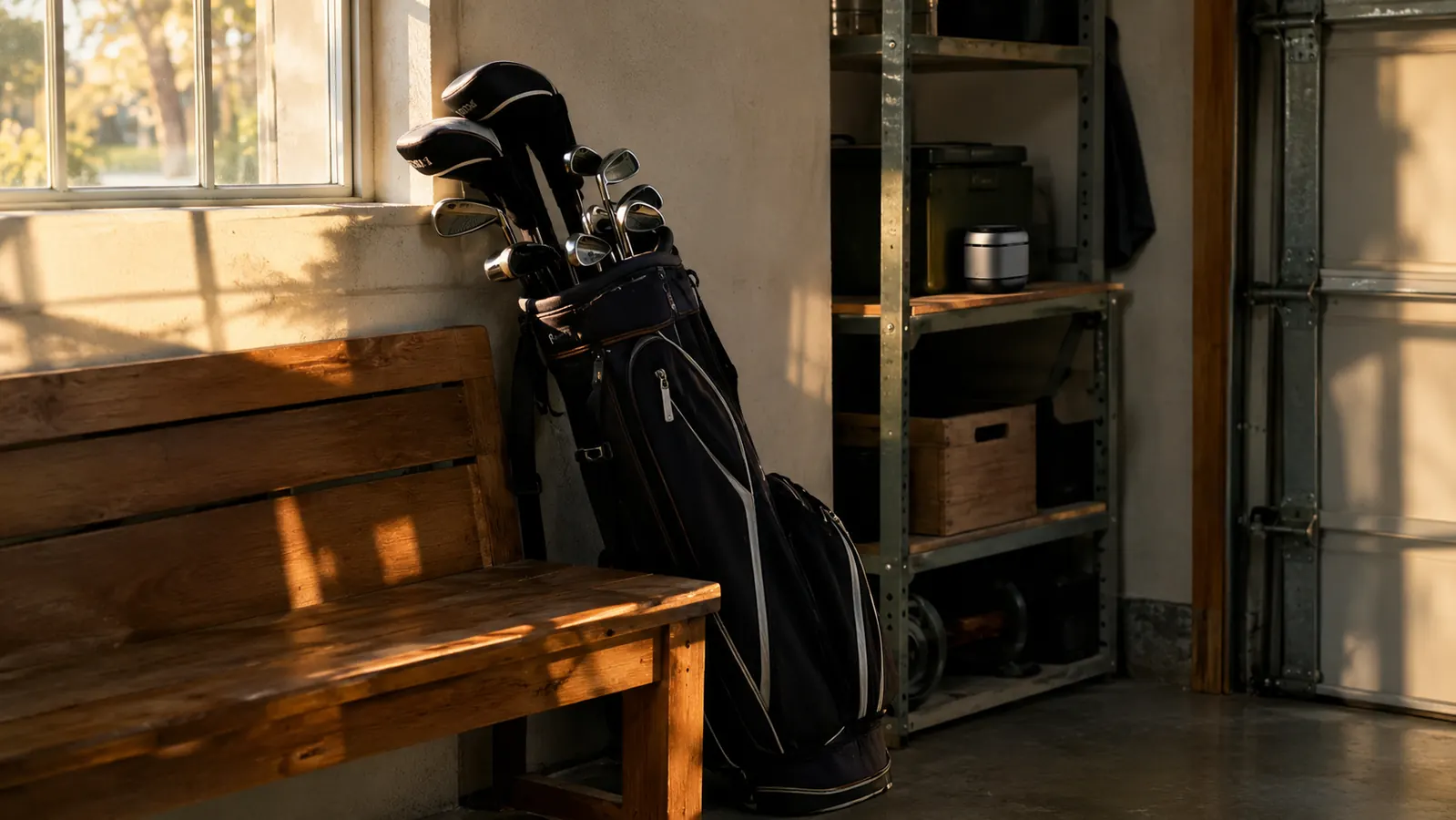 A golf bag leaning against a bench in a garage next to a small device on a shelf
