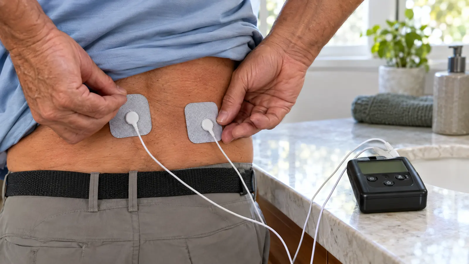 A hand placing electrode pads on a lower back while a small TENS unit sits on a bathroom counter